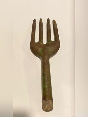 Vintage industrial style garden fork- green metal tynes and wooden cap - antique